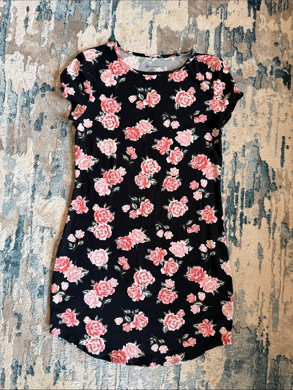 No Boundaries Black Floral Short Sleeve Dress with Pink Roses